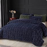 Fleeco 108'' x 96'' Navy Blue Velvet Quilt Set King Size, Luxury Velvet Comforter Bedding Set Oversized Bedspread with 2 Matching Shams, for All Seasons