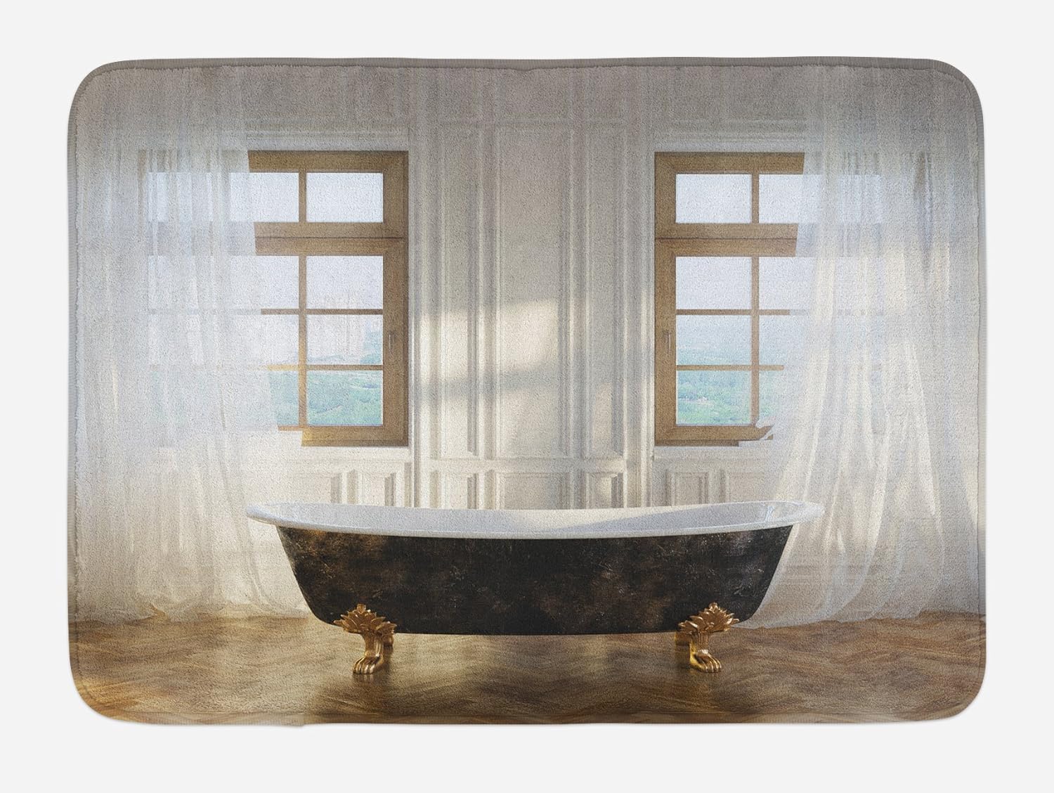 Amazon Com Ambesonne Antique Bath Mat Retro Bathtub In Modern Room Interior Hardwood Classics Space Design Plush Bathroom Decor Mat With Non Slip Backing 29 5 X 17 5 White Black Pale Brown Kitchen