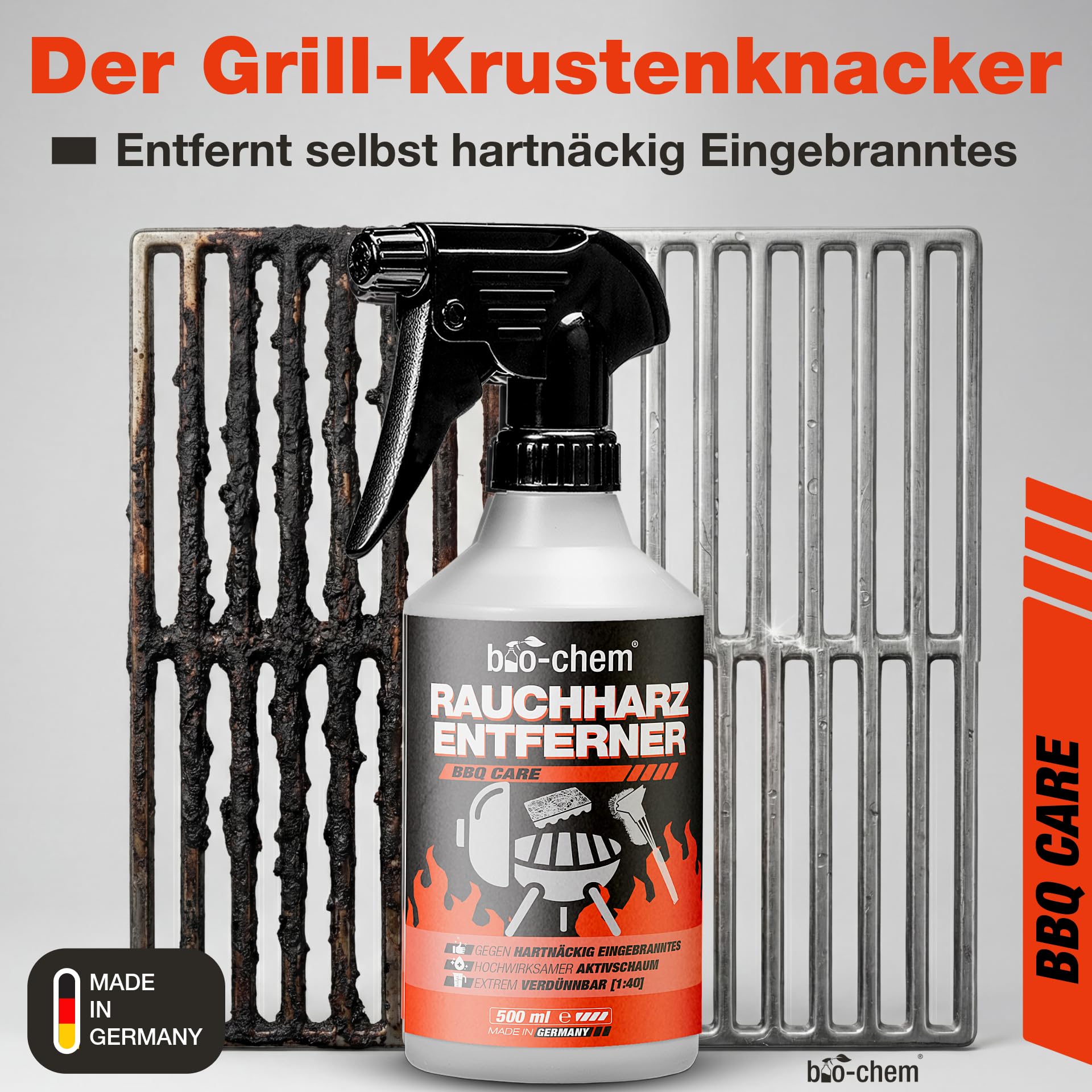 bio-chem Rauchharz-Entferner - 500 ml - Backofen- und Grillreiniger Konzentrat für Gasgrill, Edelstahl, Gusseisen u.v.m. - Extrem kraftvolle Formel gegen hartnäckige Ablagerungen - Made in DE 2