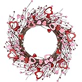 Valentine's Day Wreath, 18 Inch Artificial Valentines Day Wreaths for Front Door Farmhouse with Red Pink White Wooden Heart Berries, Valentines Day Decorations for Anniversary Wedding Indoor Outdoor
