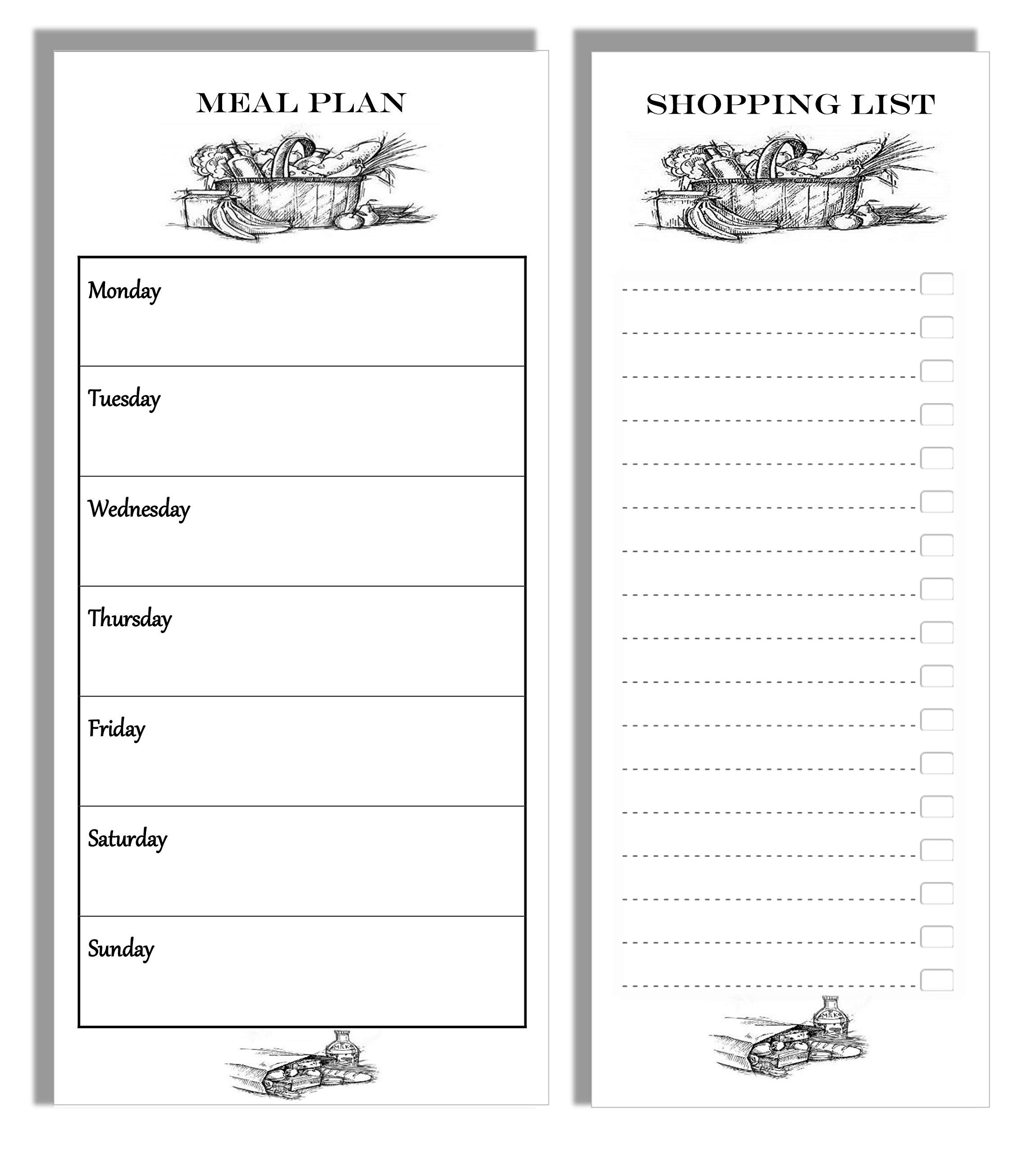 Meal Plan & Shopping Magnetic Stick on Fridge List Bundle Monochrome Food Basket Design on a Magnetic Memo Shopping List pad and Weekly Menu Diet Planner Kitchen Daily Planning Tool