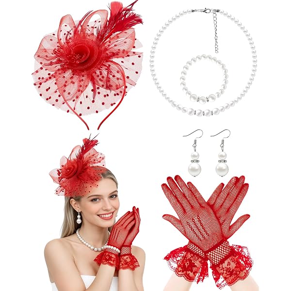 9936 4 Pcs Tea Party Hat With Lace Glovess 1920s Vintage Fascinator Hats Sibba Tea Party Hat with Lace Gloves 1920s Vintage  main image 3