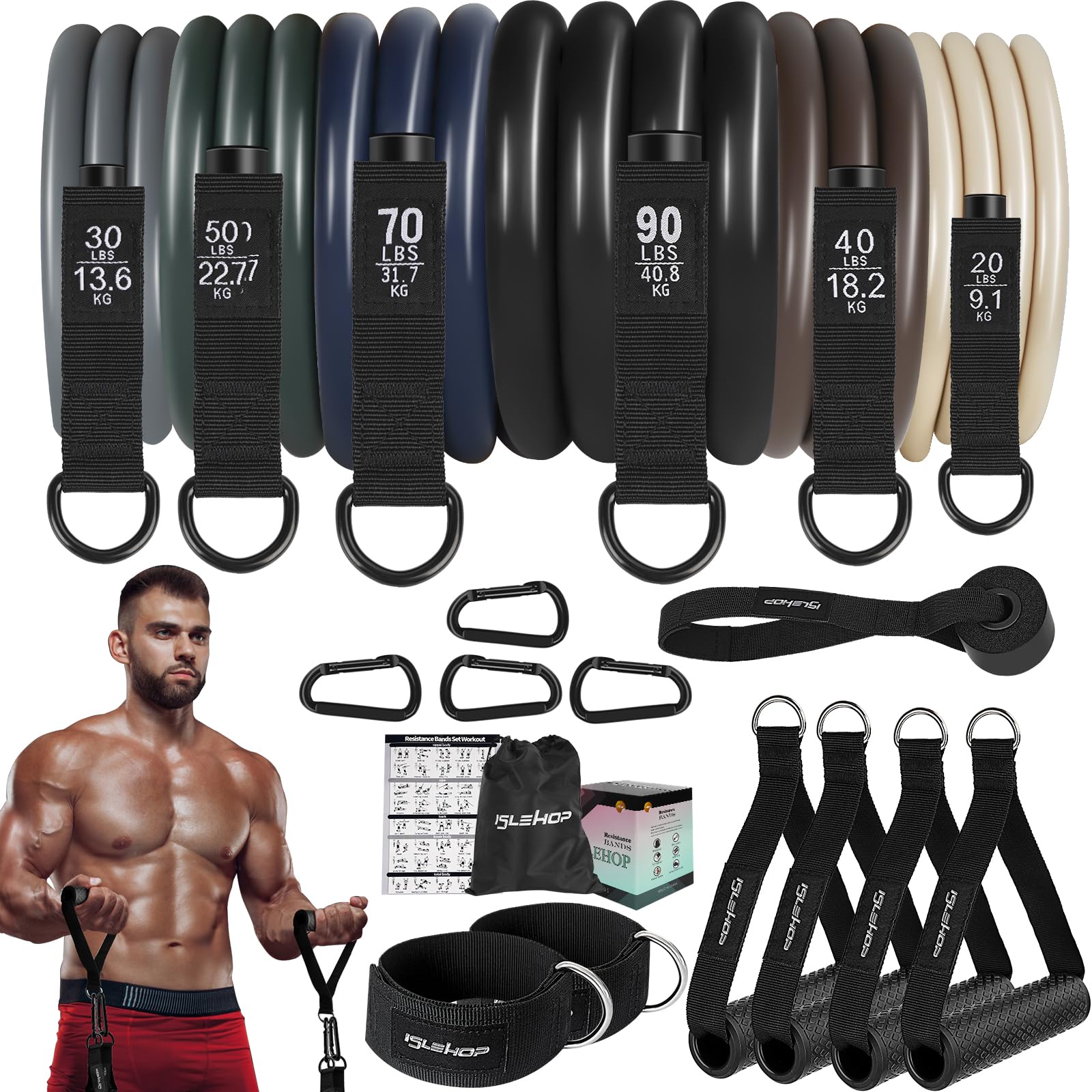 View 1 of ISLEHOP Heavy Resistance Bands Set, 300LB Workout Bands for Man with 4 Upgrade Rubber Handles, Fitness Bands for Working Out,Weight Bands for Muscle Training, Strength, Slim, Yoga,Home Gym Equipment