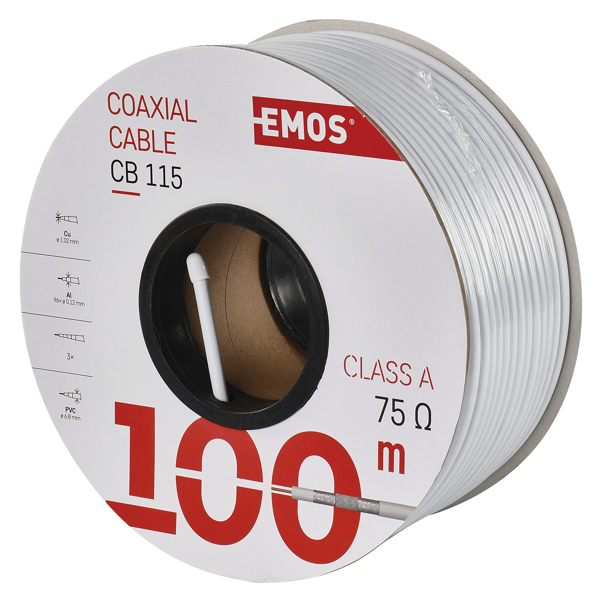 EMOS Aerial Cable 100 m White Coaxial Cable Class A for SAT, TV and CCTV, Type CB115, Triple Shielded TV Cable, Satellite Cable with Shielding Parameter 100 dB, Resistance 75 Ohm