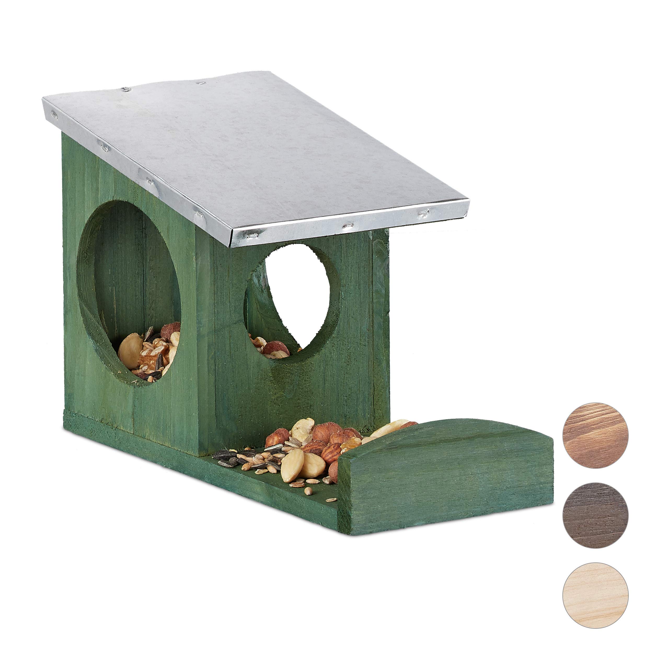 Relaxdays Squirrel Feeder, Wooden House, Weatherproof Metal Roof, Hanging, Garden Feeding Station, Dark Green