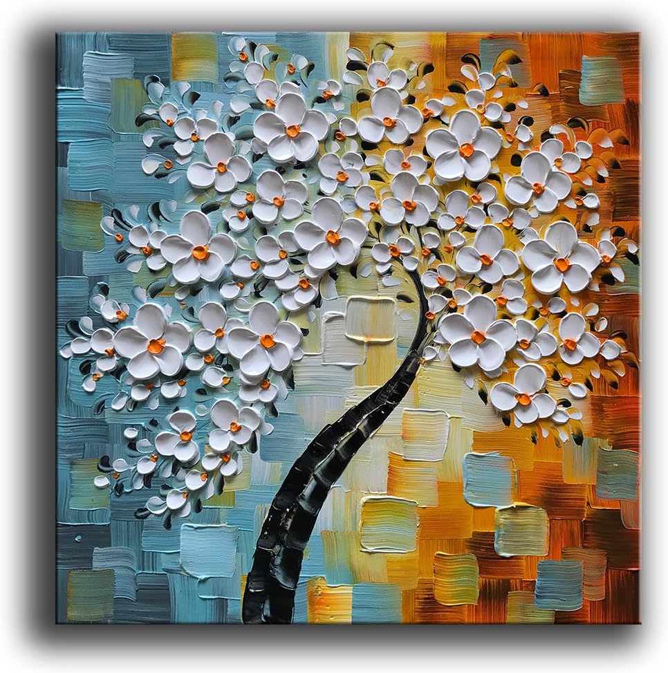 Paintings - YaSheng Art - hand-painted Oil Painting On Canvas white Flowers Paintings Modern Home Interior Decor Wall Art for living room Abstract Art picture Ready to hang 30x30inch