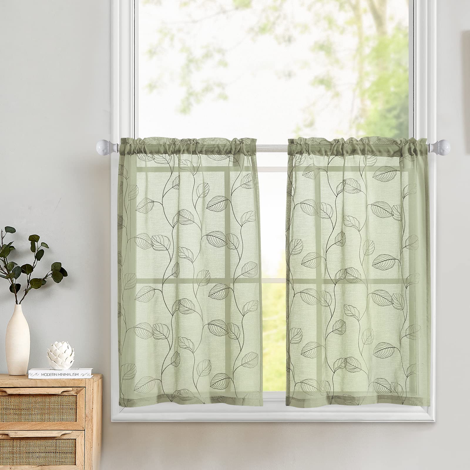TOPICK Sage Green Sheer Kitchen Cafe Curtains Leaf Embroidered Voile Tiers Short Half Window Semi Sheer RV Camper Curtains Farmhouse Small Door Bathroom Basement Curtains 36 Inch Rod Pocket 2 Panels