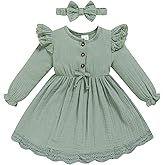 Sinhoon Toddler Fall Dress Baby Girl Dress Ruffle Long Sleeve Toddler Girl Dress Smocked Baby Fall Dresses with Bow Headband