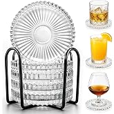 Glass Coasters for Drinks Set of 5 with Holder | Premium Thick Crystal Glass Coasters with Lip, Pure Clear Elegant and Stylish Table Decor, Multi-Functional Housewarming Gift