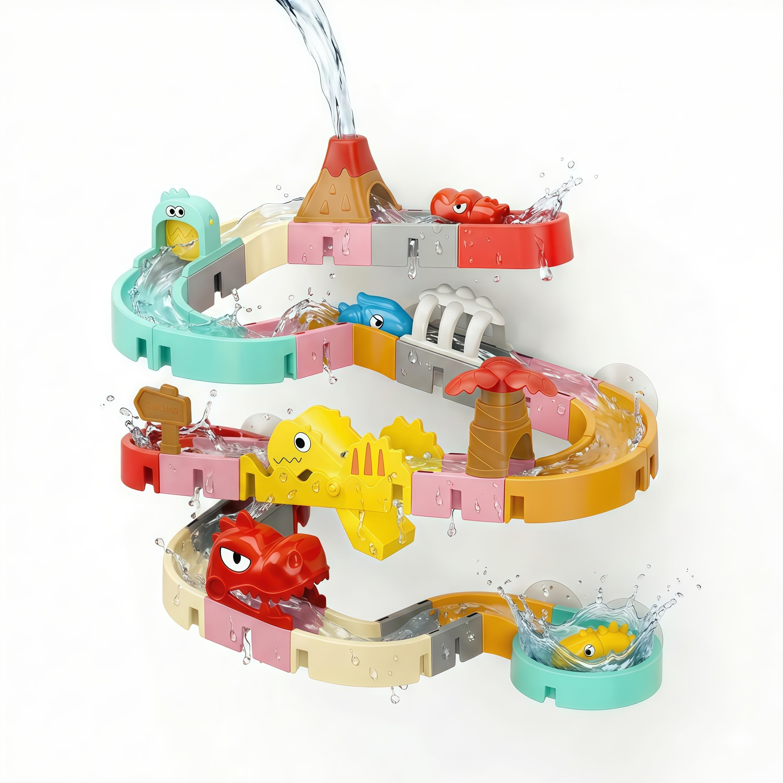 Vivyklfc 43 Pcs Dinosaur Water Slide Track Toy for Bath Time - DIY Building Spinning Toy Set with Dinosaur Car, Windmill & Strong Suction Cups - Fun Educational Bath Time STEM for Kids Ages 3+