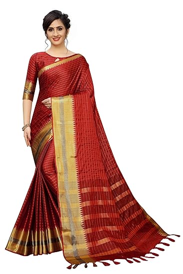 Womens Linen Saree With Blouse Piece(DobiTrain)