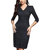 M.Infisavo Sheath Dresses for Women 2026 Notch V Neck 3/4 Sleeves Slim Fit Office Pencil Dress