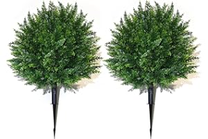 IVYYUUOH Set of 2 Artificial Cedar Topiary Ball Trees – Ground Spike – 16.5" – UV Resistant Faux Shrubs for Outdoor Decor, Front Porch & Garden – Evergreen Bushes for Yard, Patio, Landscaping (2)