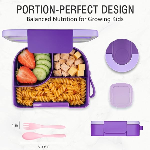 TINYPALSA BENTO BOX FOR KIDS WITH 10OZ INSULATED FOOD JAR, LEAK-PROOF KIDS LUNCH BOX WITH THERMAL FOOD CONTAINER, 3 COMPARTMENTS, PORTABLE HANDLE, DISHWASHER SAFE, IDEAL FOR SCHOOL & TRAVEL (PURPLE)