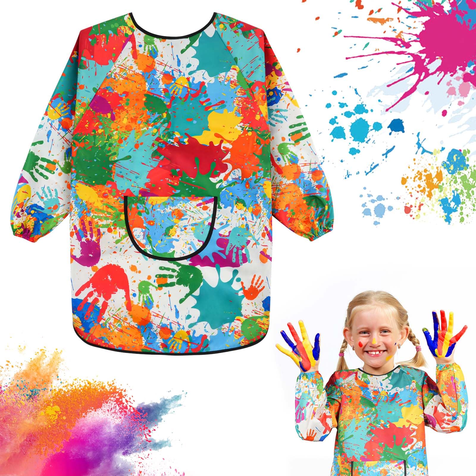 Ainiv Kids Art Aprons for Age 6-12 Years Girls Boys, Waterproof Graffiti Painting Aprons Long Sleeves with Pockets, Kids Painting Smock Toddler Children, Kids Aprons for Painting Craft School Eating