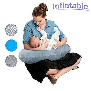 The Original Inflatable Nursing Pillow with Slipcover: Portable Breastfeeding Support Cushion with Removable Plush Minky Cover - Compact Breast ...