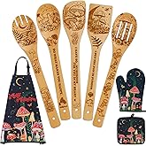 Mushroom Kitchen Decor Bamboo Cooking Spoon with Apron Oven Mitt Pot Holder Utensil Set -Mushroom Kitchen Accessories,Home Decorations Gifts for Women-Housewarming,Christmas,Birthday Gift,8PCS