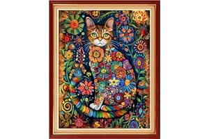 Dimensean Stamped Cross Stitch Kits Full Range of Embroidery Patterns Starter Kits for Beginners Adult or Kids DIY Cross Stitches Needlepoint Kits 11CT-Flower Cat 16x20 inch