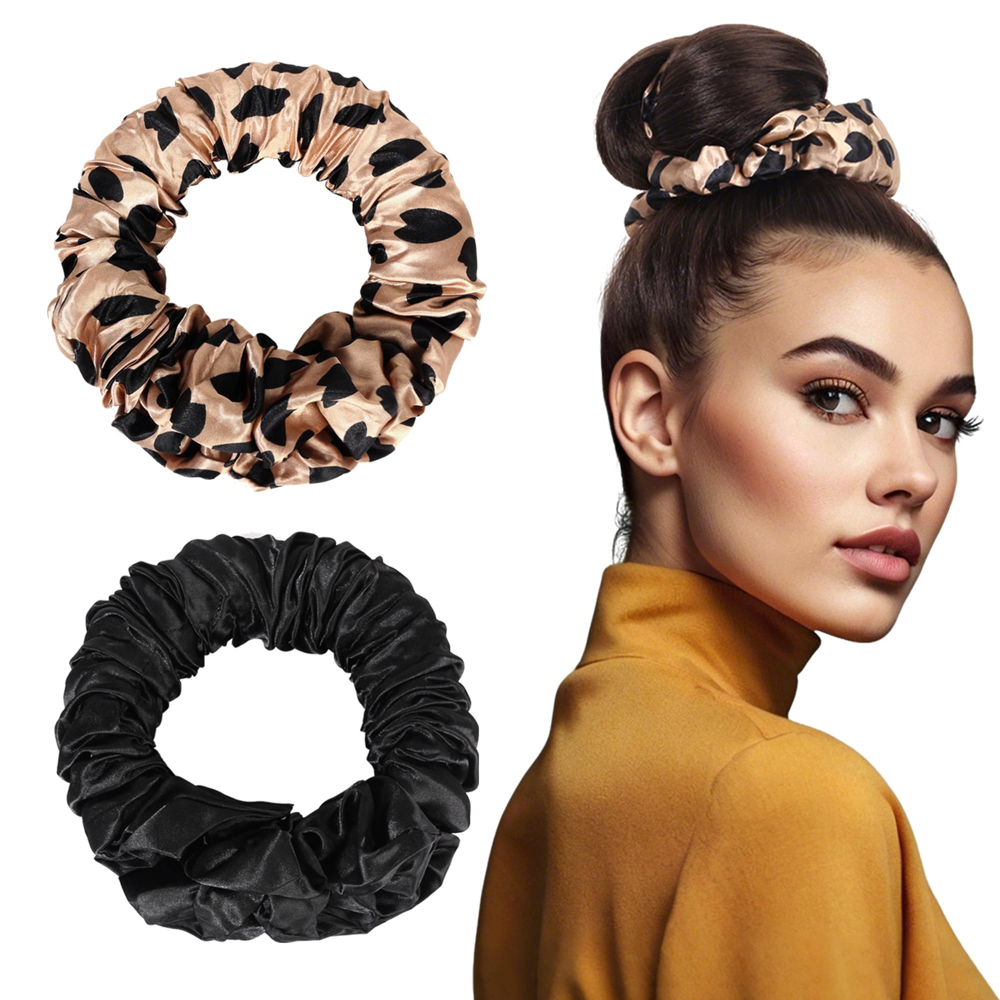 Photo 1 of 2 Pack Heatless Curling Scrunchie, Heatless Hair Curler Overnight to Sleep In, No Heat Curls for Long Hair, Soft Silk Lazy Sleep Hair Roller Headband (Black+Brown Leopard)