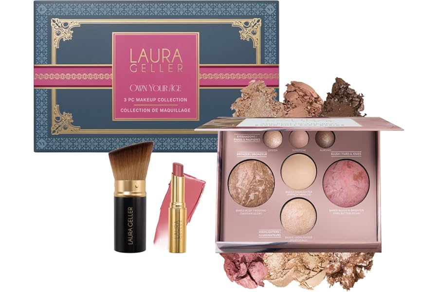 LAURA GELLER NEW YORK Own Your Age Boxed Makeup Collection | Amazon Exclusive – Giftable Makeup Set with All-in-One Face Palette, Hydrating Lip Color Balm and Retractable Travel Friendly Kabuki Brush