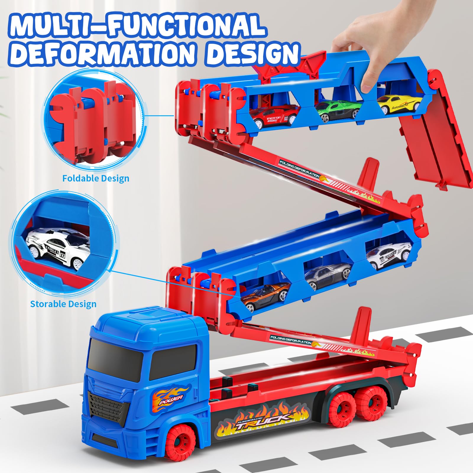 maysida Transport Truck Spielzeugautos für Jungen 3, 4, 5, 6 Jahren, 165cm&Faltbare Rennbahn Truck mit 10 Autos Spielzeug-4 Rückziehautos&6 Rennautos, Transporter Spielzeug-Kinder Geschenke für jungen 4