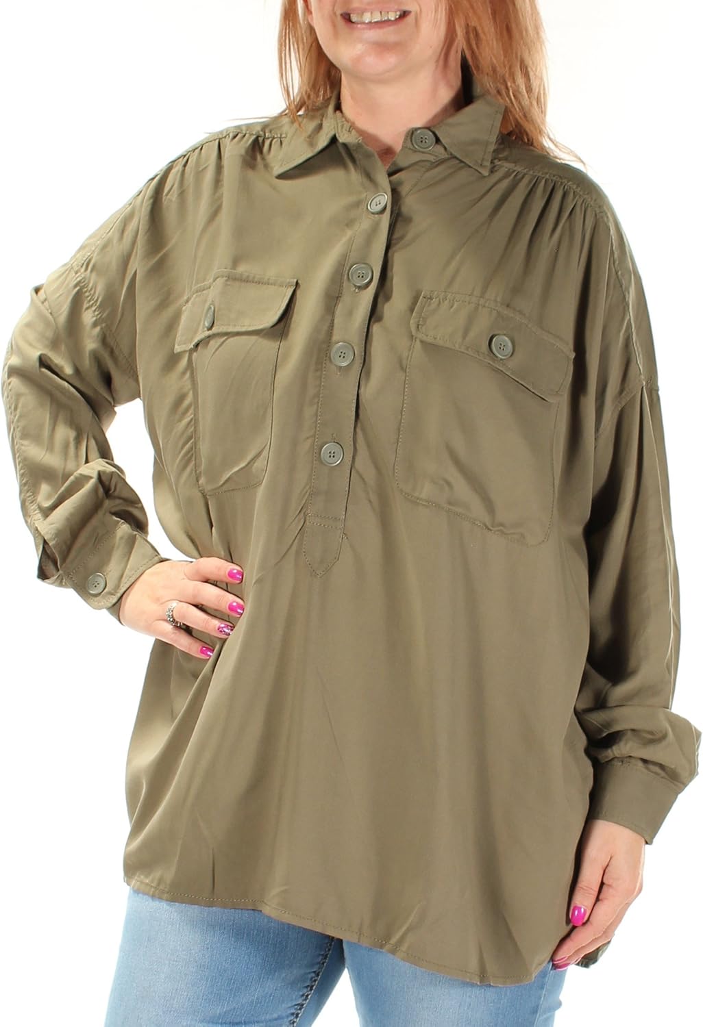 Max Studio Womens Green Pocketed Cuffed V Neck Button Up Top UK Size:16: MAX STUDIO: Amazon.co 