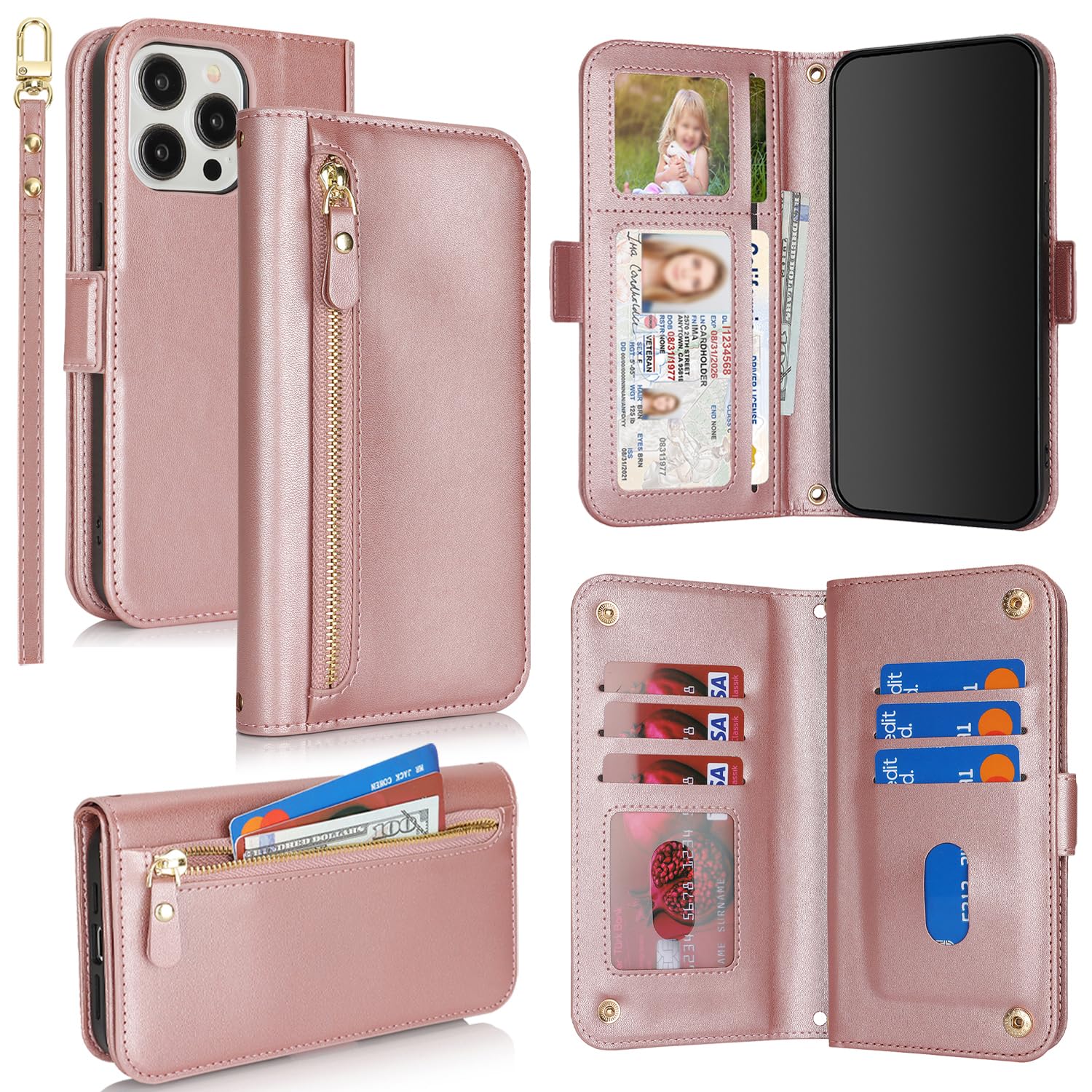 SailorTech for iPhone 13 Pro Max Phone Case Wallet with Card Holder for Women, iPhone 13 Pro Max Wallet Case with Credit Card Slots Flip Case Zipper Shockproof Case for Men - Rose Gold