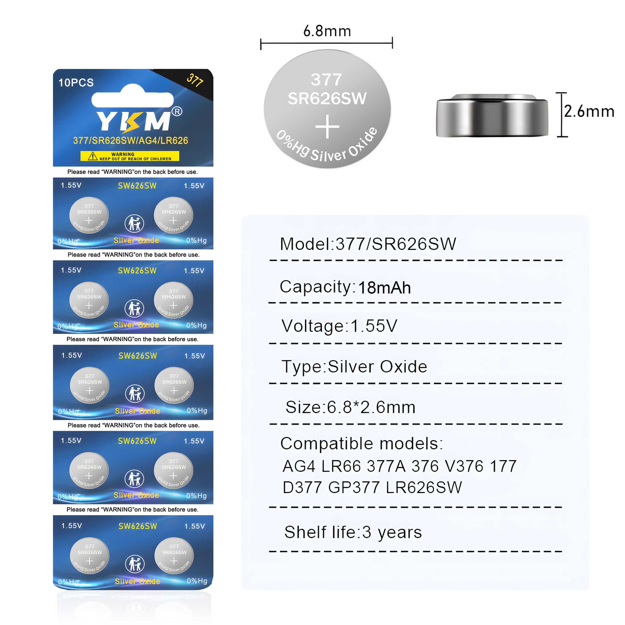 YKM 377 SR626SW Watch Battery LR626 376 V377 377a AG4 1.55V Silver Oxide Button Battery Replacement for Watch Clock 20 Pack