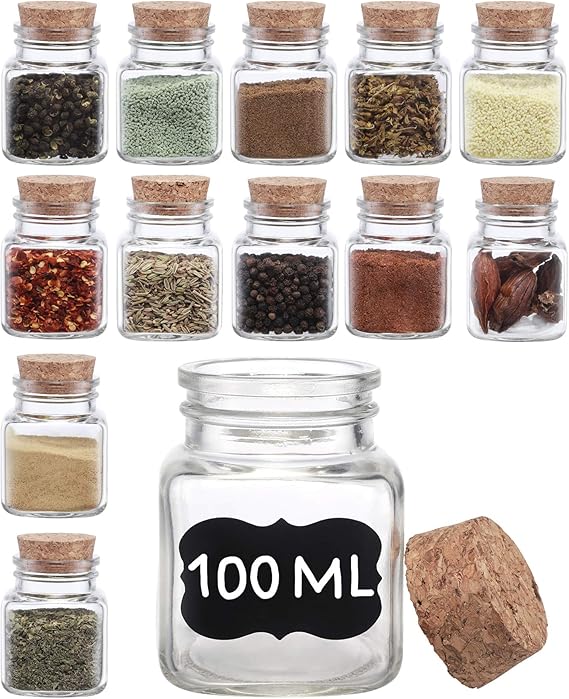 12 Square Glass Spice Jars with Lids and Stickers 100ml Empty Air Tight DishwasherSafe