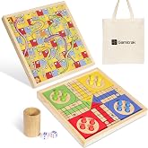 12 Inch Wooden Ludo Board Game &amp; Snakes and Ladders 2-in-1 Reversible Classic Board Game for Kids and Adults, Includes 1 Parcheesi Board, 2 Dice, 1 Cup, 16 Tokens, Rules, Pouch &amp; Carrying Bag