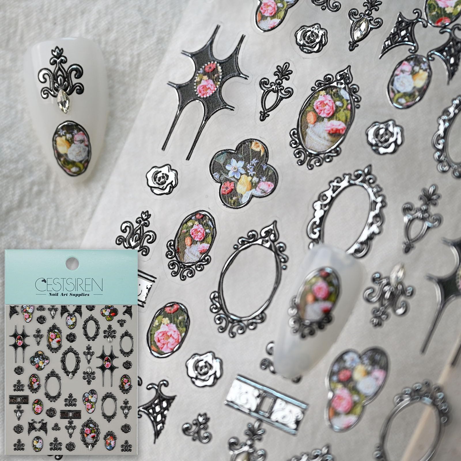CESTSIREN Vintage Nail Stickers, Flower Silvery