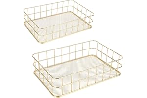2pcs Gold Mesh Wire Baskets, 2 Sizes Premium Small and Large Metal Grid Wire Storage Baskets Suitable for Office Home Bedroom