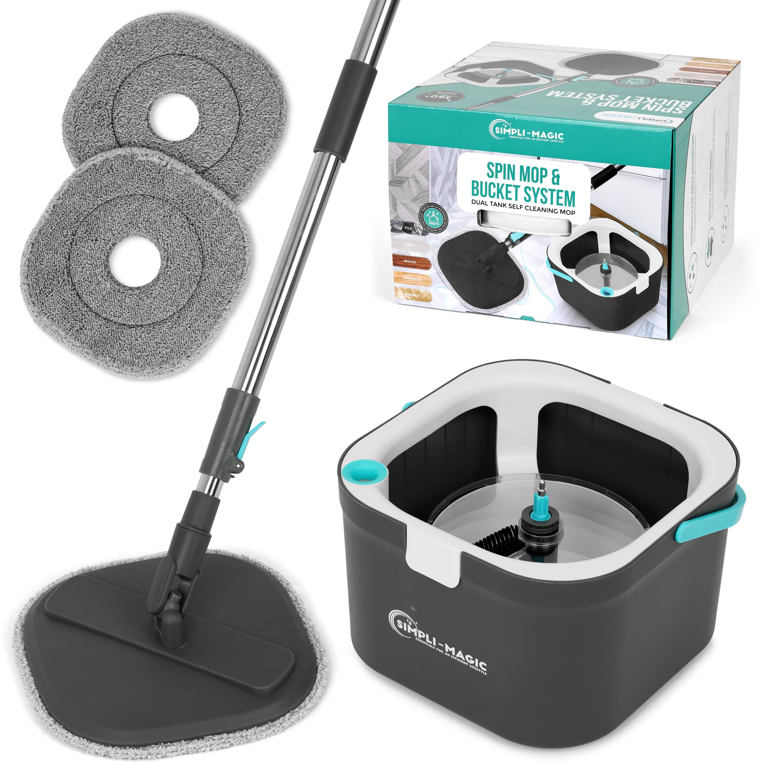 Photo 1 of Simpli-Magic Spin Mop and Bucket System, Includes Square Spin, Dual Compartment Mop Bucket and 3 Thick Machine Washable Pads