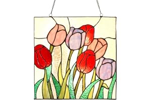HomeBeauty PA0004 Stained Glass Hanging Panel-12 Wx12 H Window Suncatcher Tiffany Style Window Ornament,Tulip Home Hanging Decorations