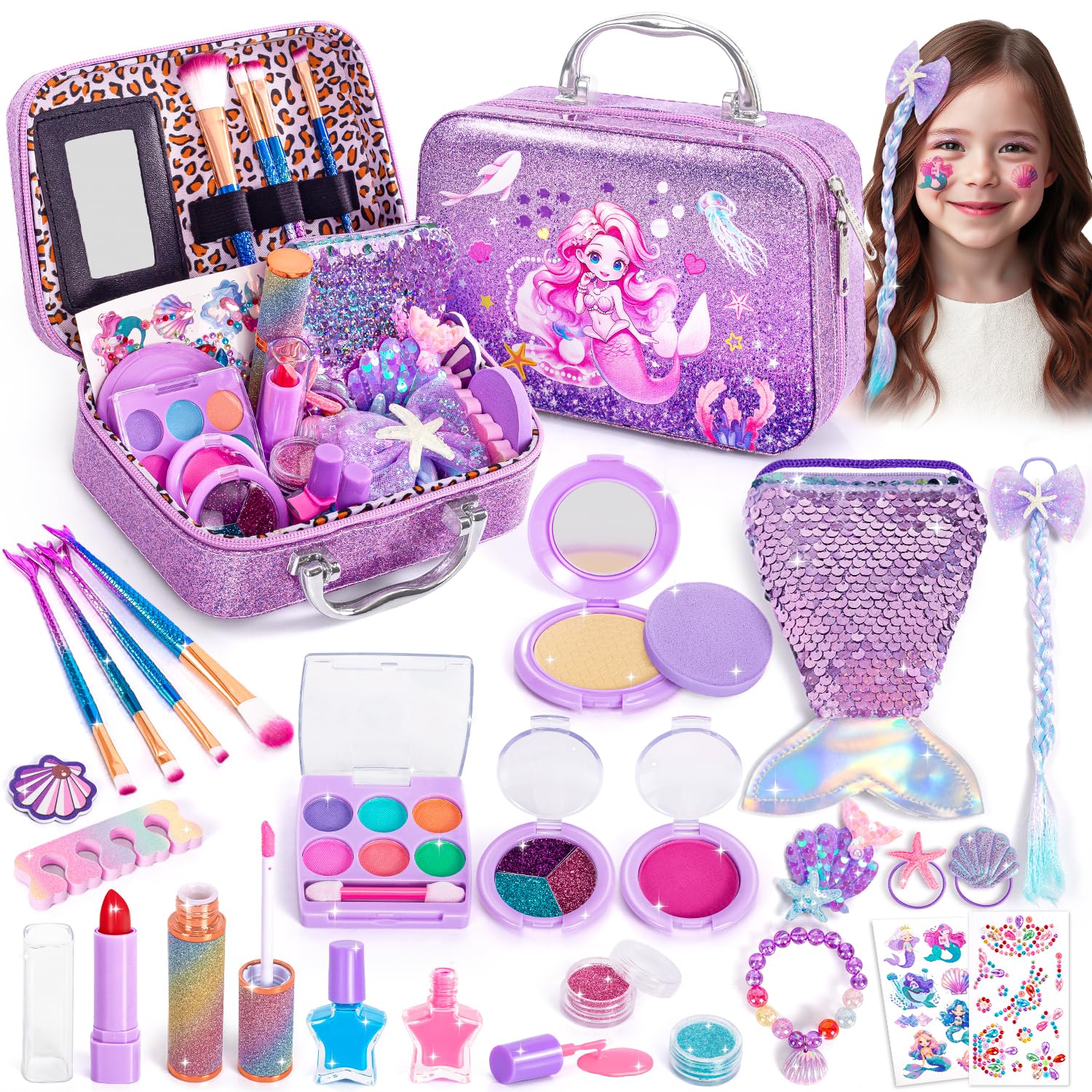 Hohosunlar Kids Makeup for Toddlers Toys, Washable Make Up Set Non-Toxic Toys for Girls with Purse, Princess Pretend Play Hair & Nail Polish Accessories, Christmas Birthday Gift Toys for Girls 3+