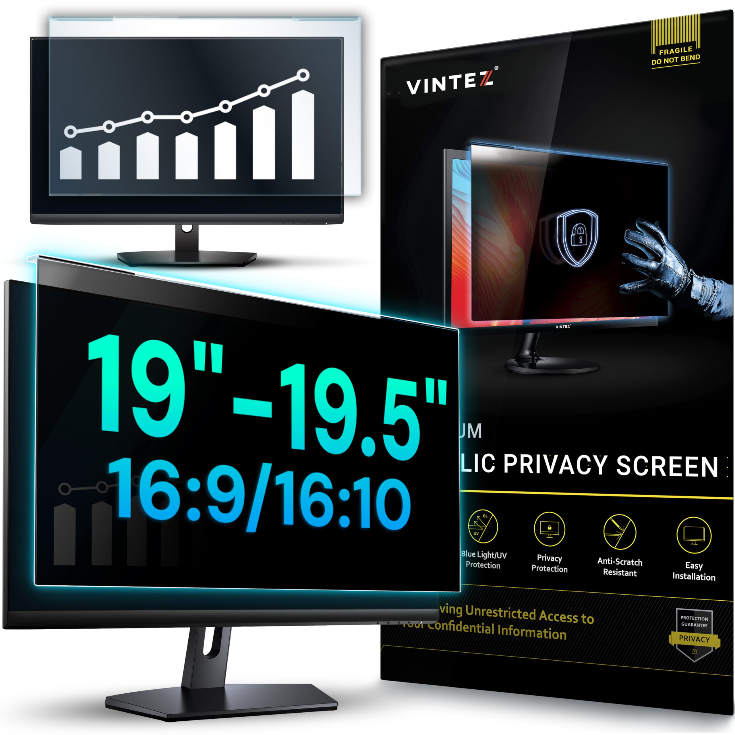 VINTEZ Universal 19", 19.5" - 16:9/16:10 Aspect Ratio - Computer Privacy Screen Filter for Widescreen Computer Monitors - 17.3" x 11.4" = 440 x 290 mm - Monitor Frame Hanging Type — image 1