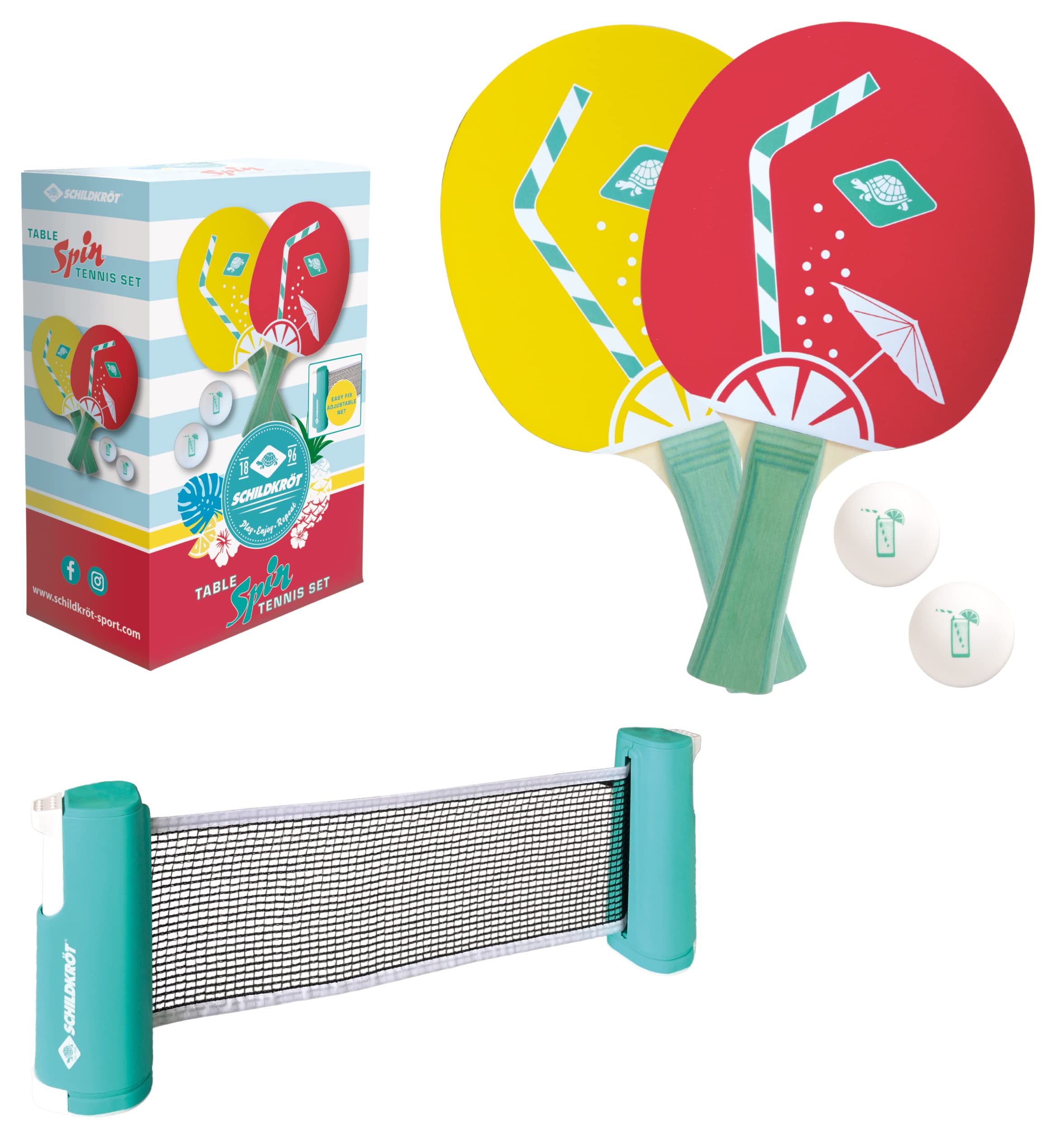 Schildkröt Spin Table Tennis Set, 2 FSC Wood Rackets, 2 Balls, Extendable and Length-Adjustable Net, Ideal for Taking on Holiday or for the Garden, 788661