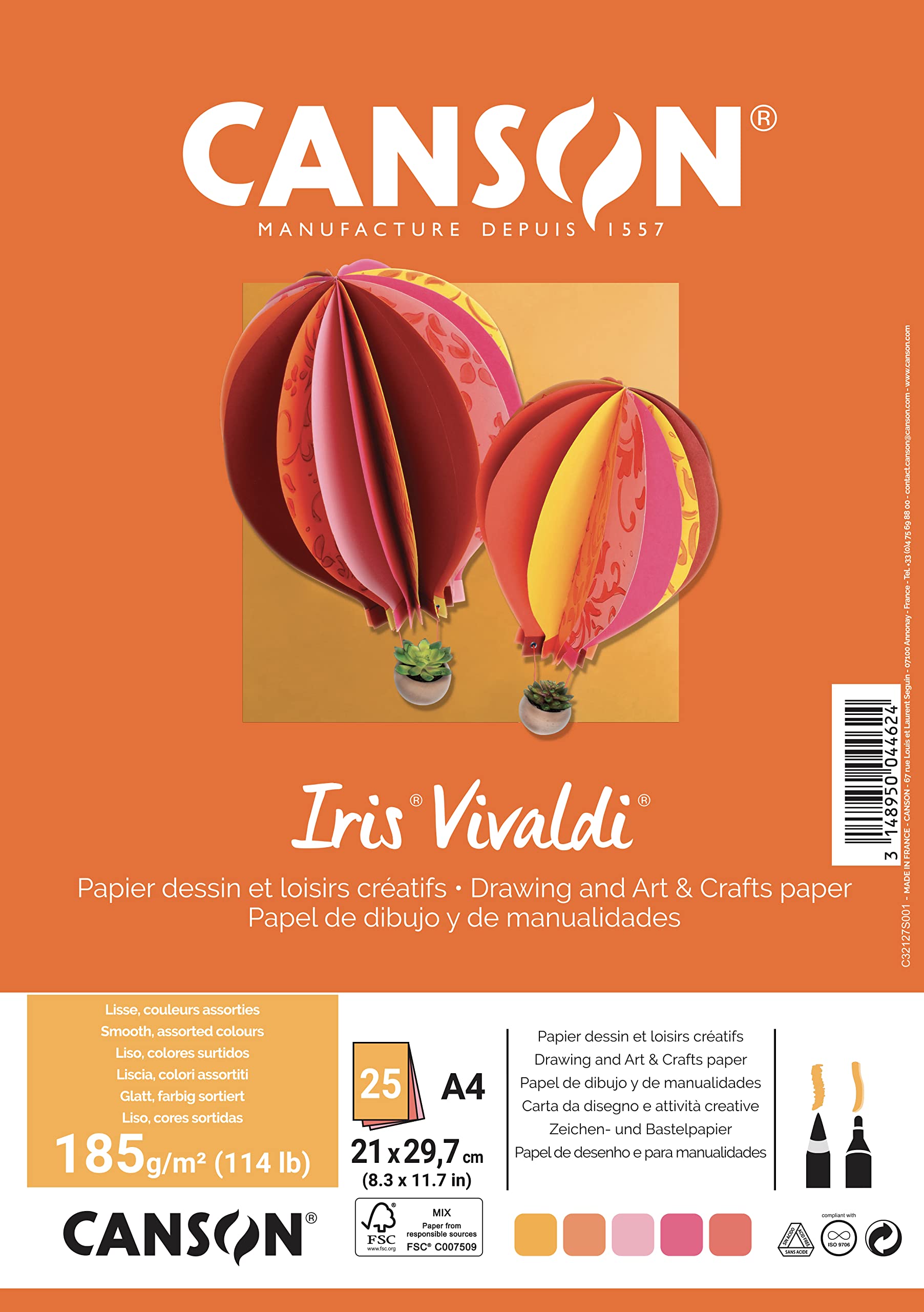 Canson Iris VivaldiA4 Pack of 25 Sheets 185 g/m² - Assorted Colours Yellow/Pink/Red