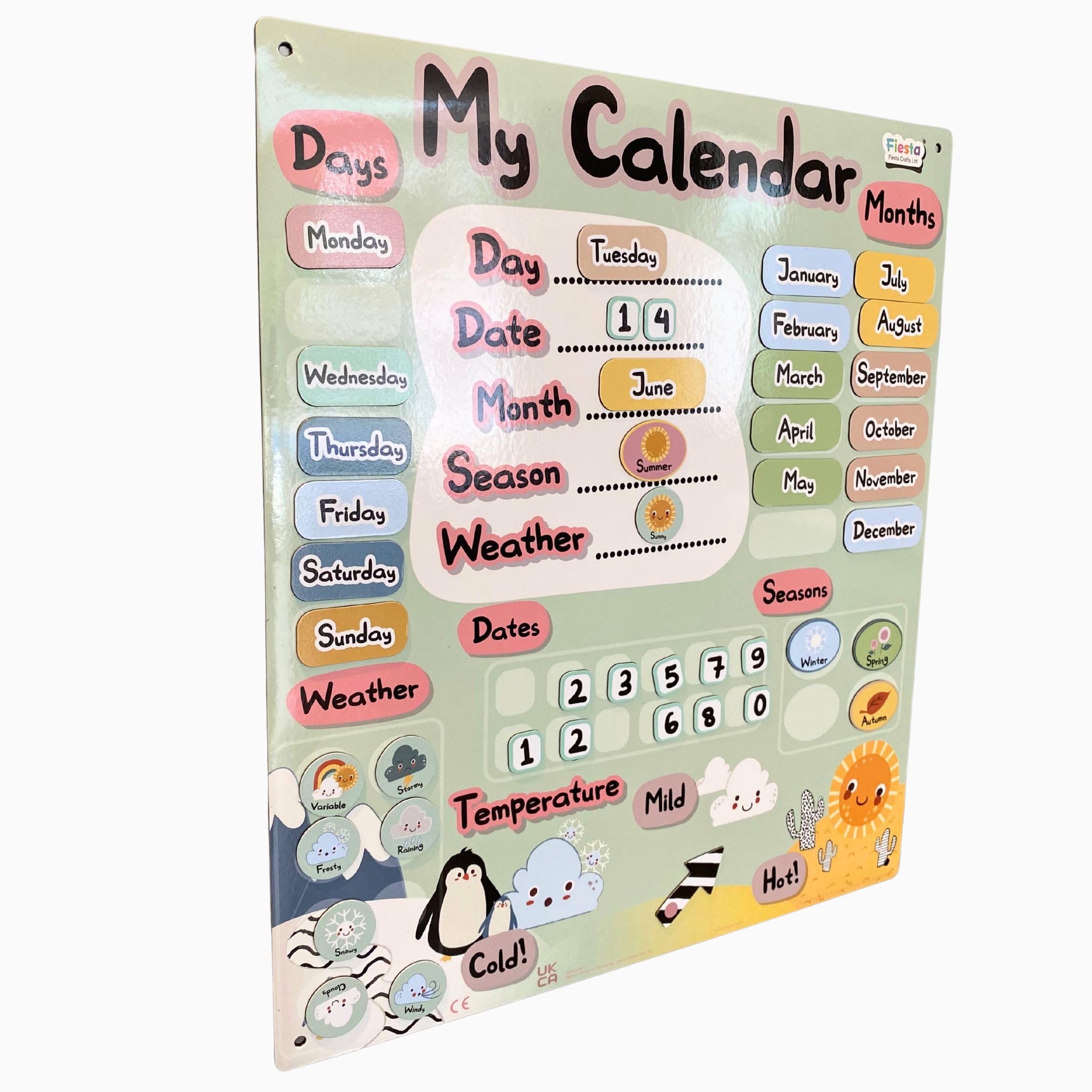 Magnetic Calendar by Fiesta Crafts - Interactive Kids Calendar with Months, Days, Weather, Seasons, & Temperatures - Contemporary Daily Chart for Children - Magnetise To Fridge or Pin to Wall