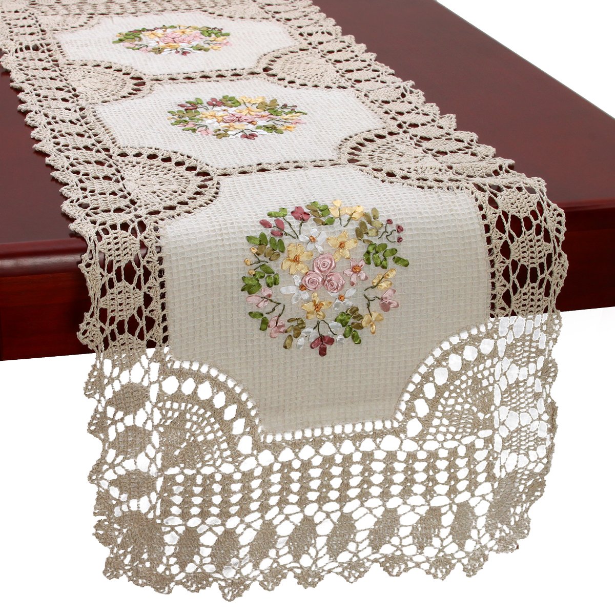 Grelucgo Handmade Crochet Cotton Lace Table Runner Dresser Scarf, Ribbon Embroidery, Rectangle16x70 Inches