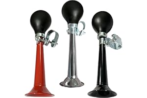 LOMODO 3 Pack Bike Bugle Horn Metal Air Horn Retro Metal Squeeze Bulb Clown Horn Fits Kids Bicycle Handle Bar and Golf Cart, Silver, Black, Red