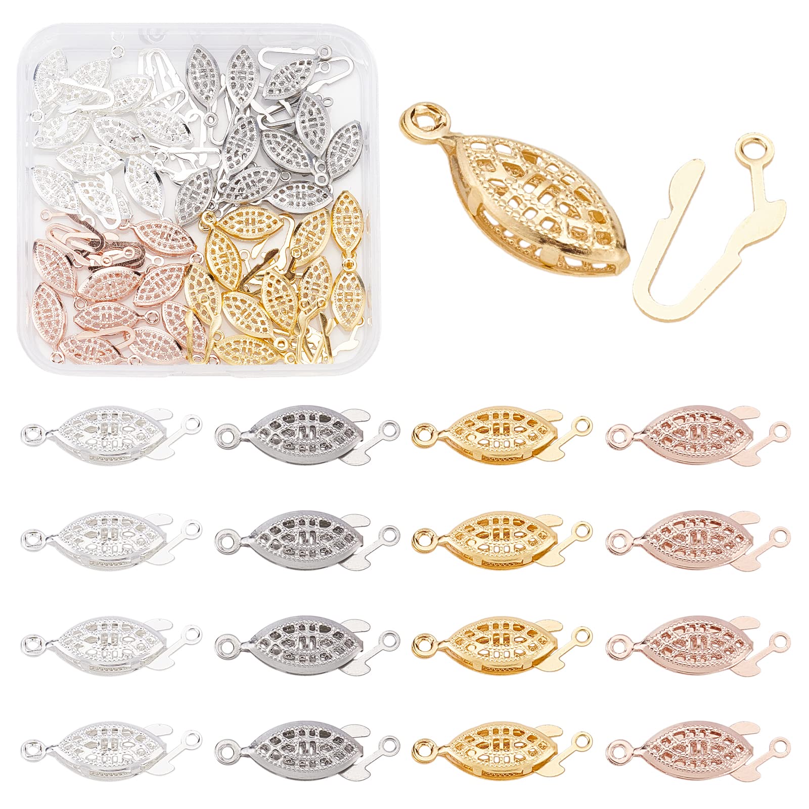 PH PandaHall 40 Sets Filigree Pearl Clasp, 4 Color Oval Box Clasps Single Strand Jewelry Clasp Necklace Bracelet Connectors for Pearl Knotted Jewelry Making DIY Craft