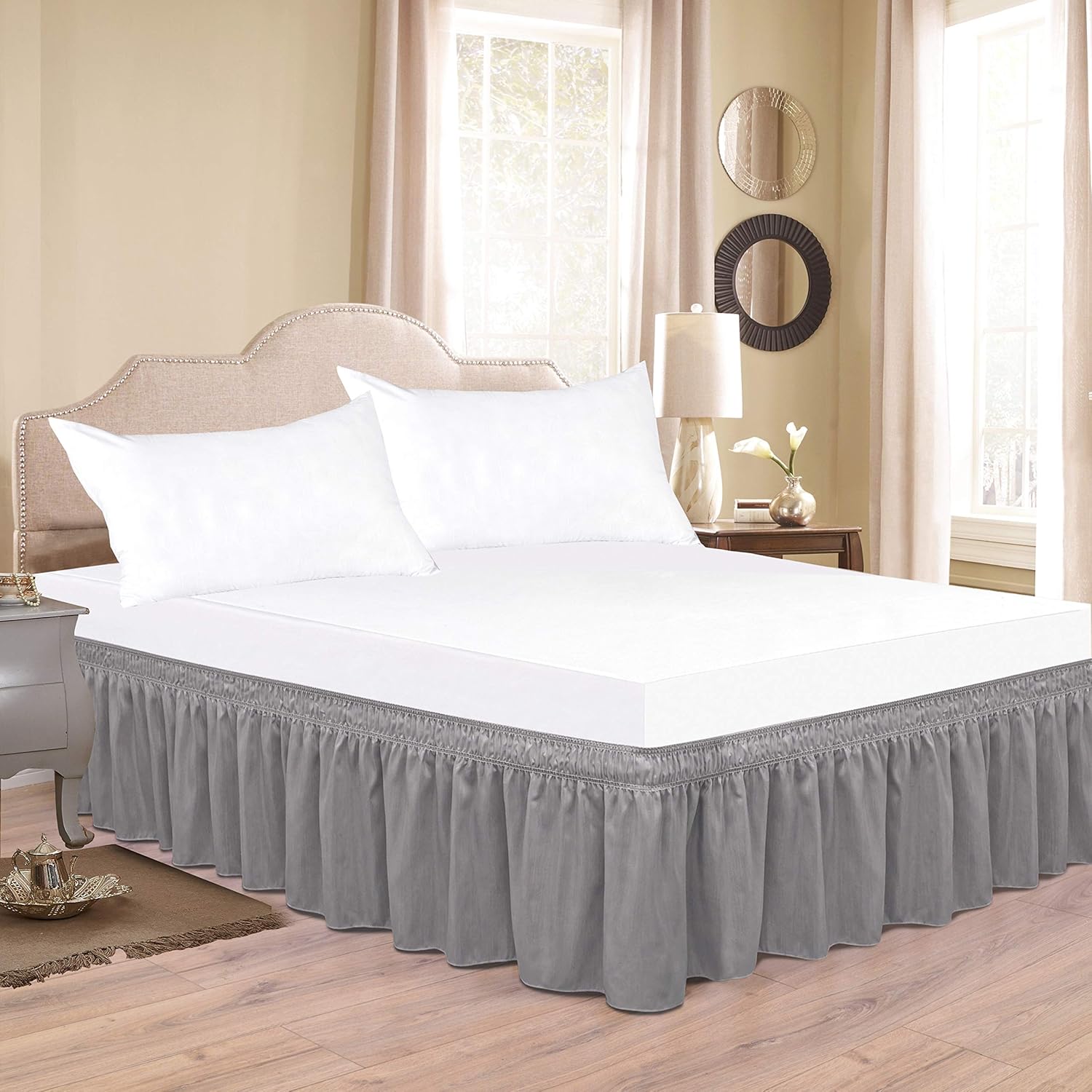 Biscaynebay Wrap Around Bed Skirts with Adjustable Belts, Silver Grey for Queen Size Beds 15 Inches Drop, Elastic Dust Ruffles, Easy Fit Wrinkle and Fade Resistant Silky Luxurious Fabric Solid Color: Kitchen & Dining