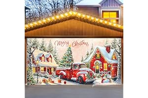 LINHAXM 7x16ft Christmas Garage Door Cover Decoration – Large Merry Christmas Garage Door Banner, Red Truck & Snowman Backdrop, Outdoor Holiday Decoration for Home Winter Parties