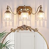 DvmTeom Gold Vintage Bathroom Light Fixtures, 3-Lights Bathroom Vanity Light, Antique Brushed Gold Lighting Fixtures Over Mir