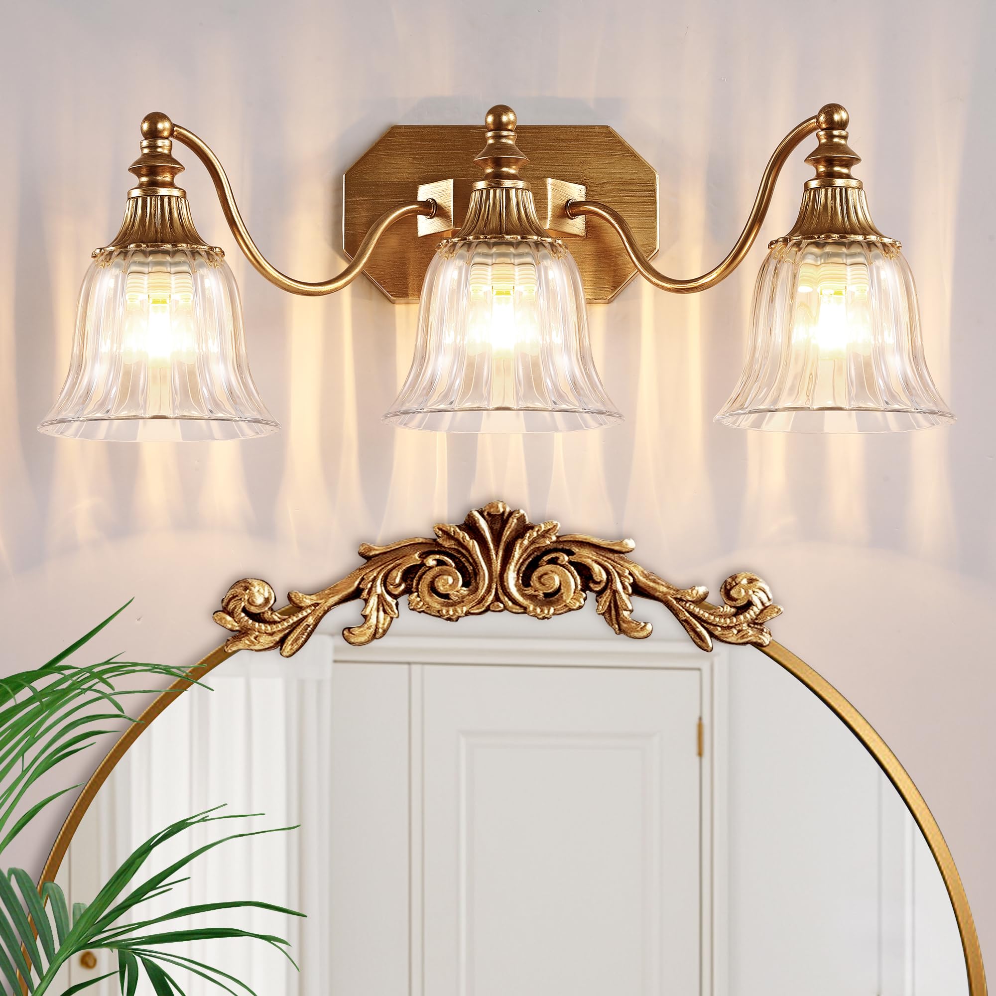 Photo 1 of DvmTeom Gold Vintage Bathroom Vanity Light Fixture, Vanity Light for Bathroom, Matte Antique Brass Finish with Crystal Glass Shade, Lighting fixtures Over Mirror (Gold, 3-Light)