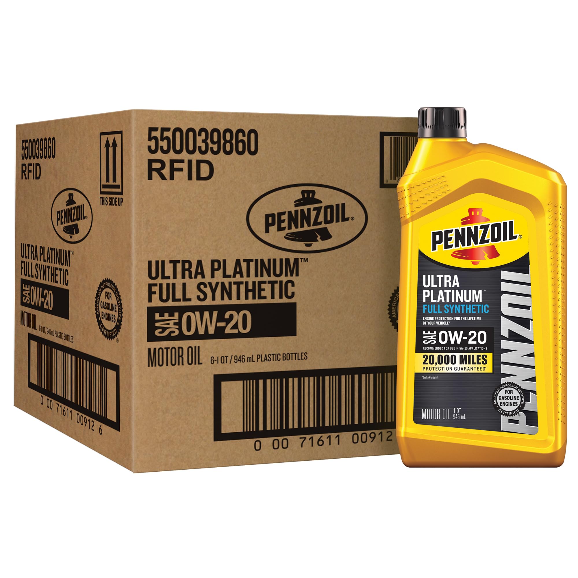 Pennzoil Ultra Platinum Aceite de motor totalmente sintético 0W-20, 1 cuarto de galón (paquete de 6)
