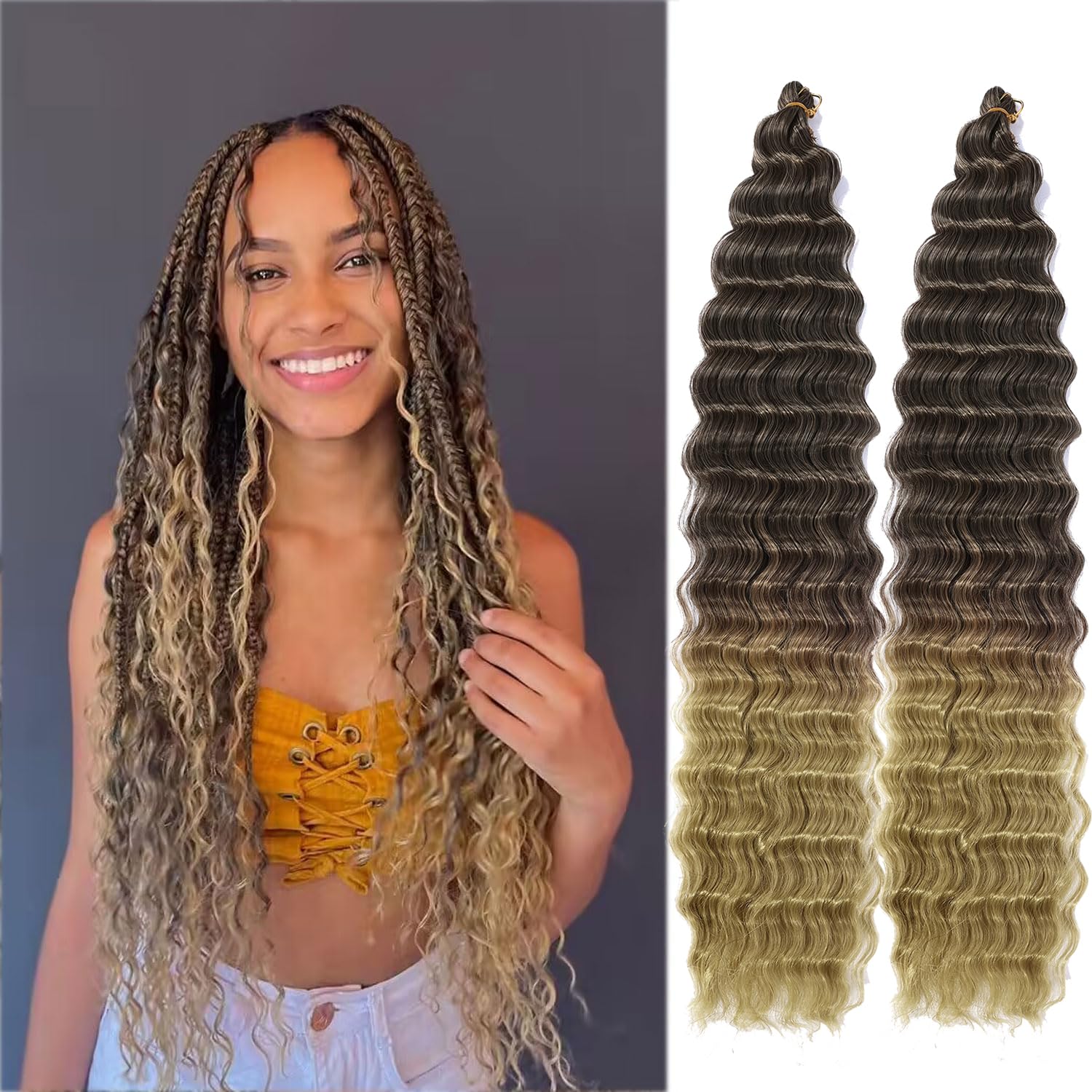 Ocean Wave Crochet Hair 24 Inch 2 Packs Deep Wave Curly Braiding Hair Extensions Synthetic Curly Crochet Hair For Black Women
