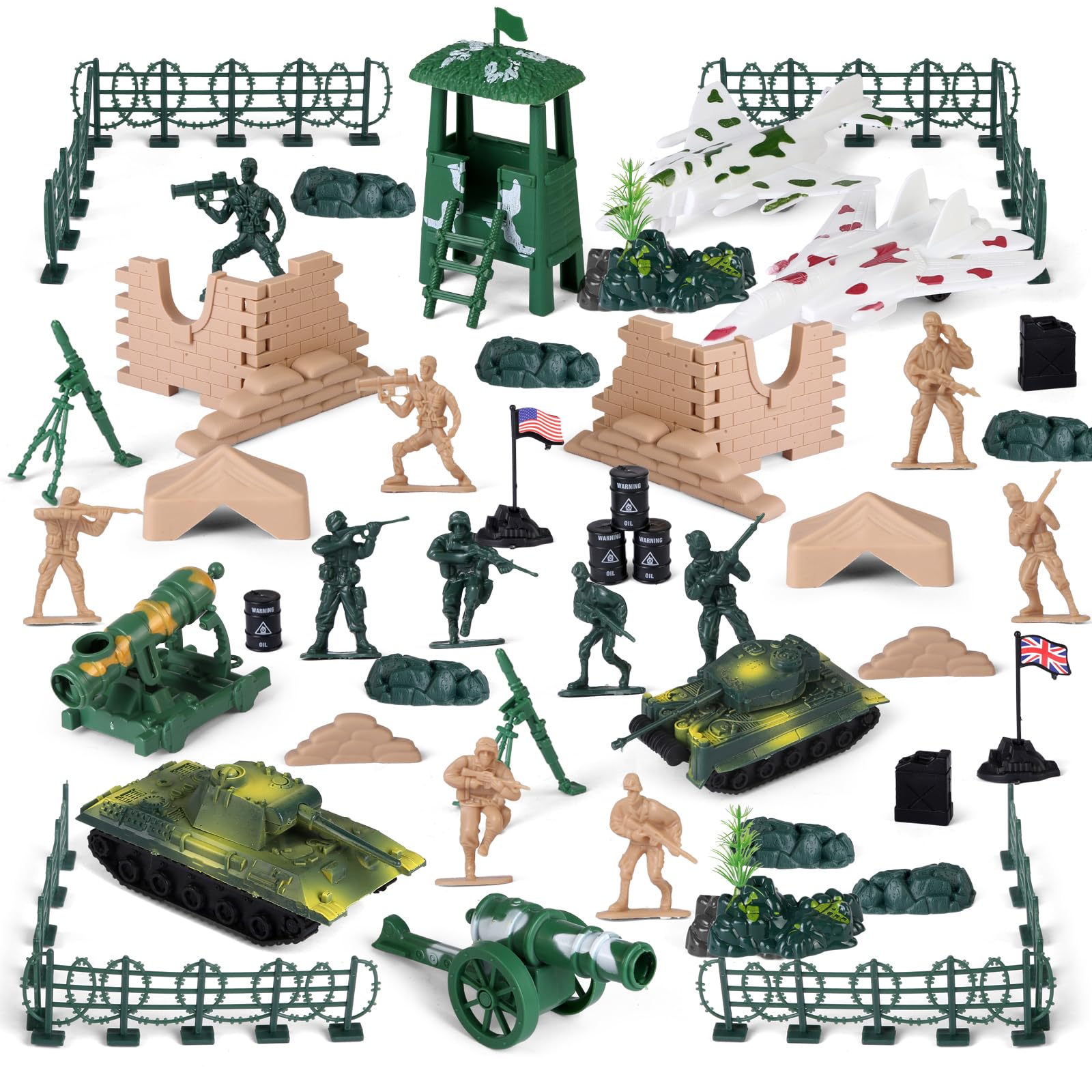 Boderam 90PCS Army Men Toys Military Soldier Figures Army Base Set Including Plastic Army Men Action Figures and Accessories with Handbag for Kid Boy Girl Toddler