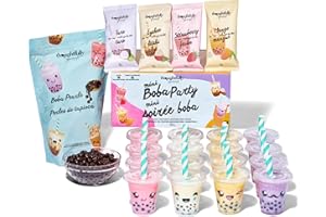 Thoughtfully Gourmet, Mini Boba Party Set, Makes 16 Tasting Portions Of Bubble Tea, Includes 4 Flavors, Boba Pearls, Cups, Li